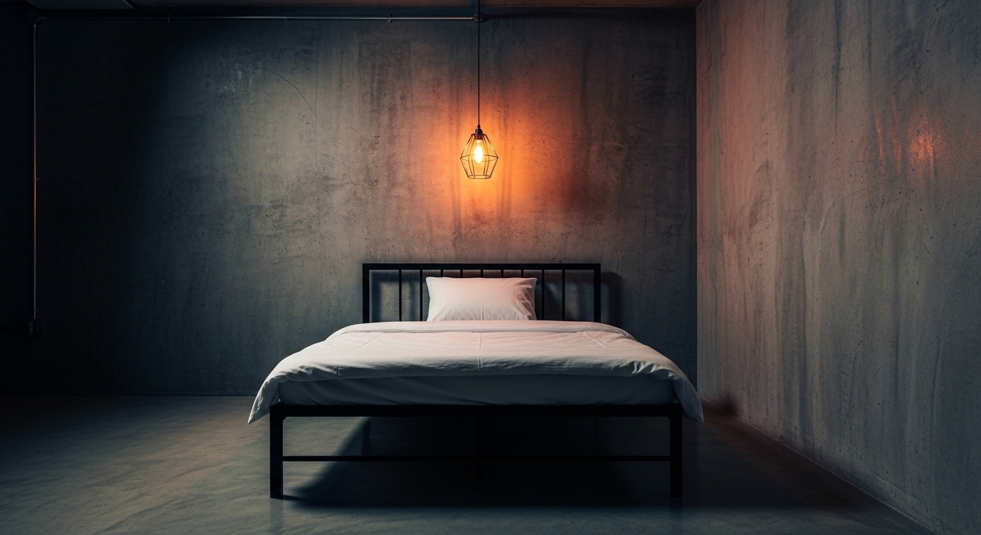 Decor phòng ngủ phong cách công nghiệp với tường bê tông xám thô, giường kim loại đen đơn giản và đèn Edison lồng kim loại treo từ ống trần, mang đến ánh sáng ấm áp.