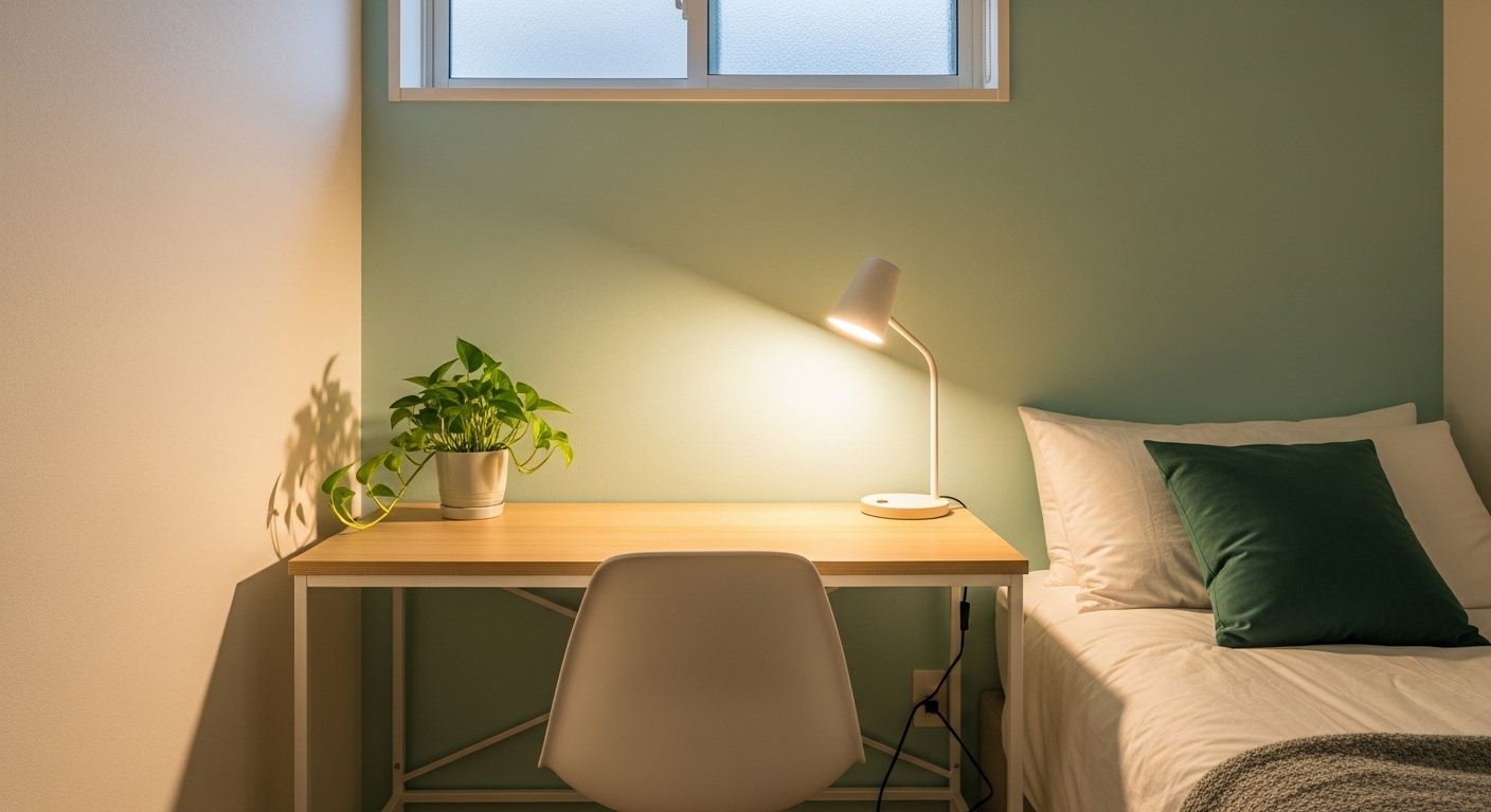 Không gian trang trí phòng ngủ nhỏ cho nữ thanh bình với tường nhấn xanh bạc hà, bàn gỗ sáng dưới cửa sổ, cây trầu bà và đèn hiện đại, mang lại vẻ đẹp tinh tế.