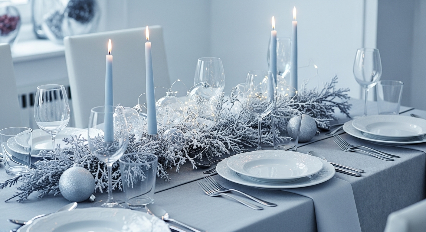 Bàn tiệc Giáng sinh hiện đại, sang trọng với tông bạc và xanh băng. Ảnh minh họa cách trang trí bàn tiệc Giáng sinh tinh tế bằng cành cây phủ sương, nến xanh và đèn LED lấp lánh.