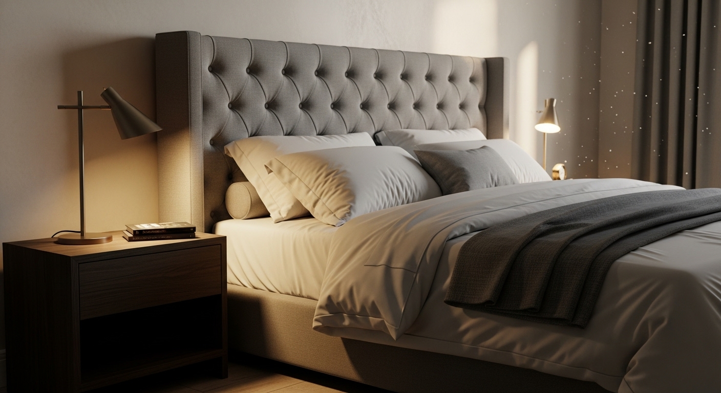 Trang trí phòng ngủ sang trọng với đầu giường bọc vải màu xám nổi bật, chăn ga gối đệm êm ái và đèn ngủ hiện đại trên tủ gỗ tối màu.