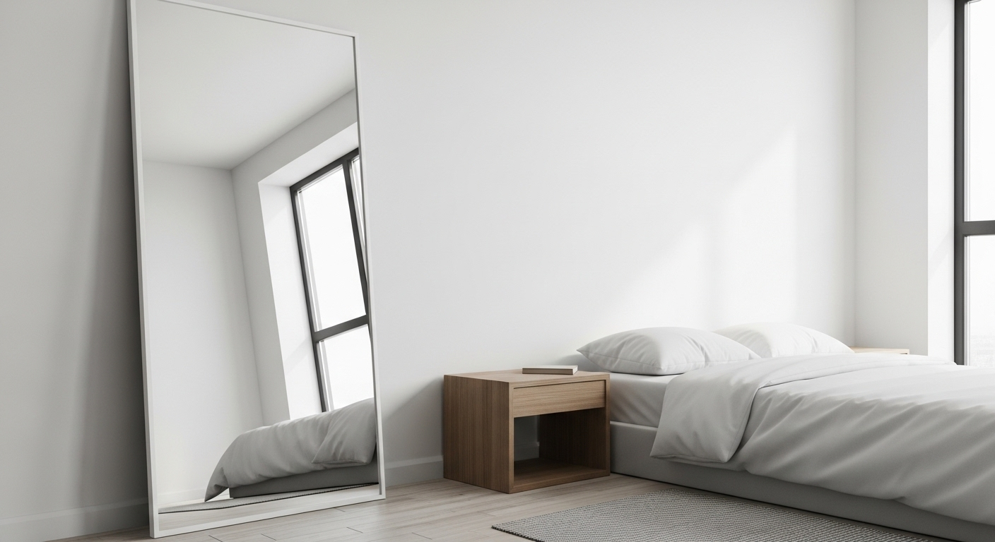 Phòng ngủ nhỏ hiện đại trông rộng rãi và sáng hơn nhờ gương lớn phản chiếu ánh sáng tự nhiên, một giải pháp thông minh để trang trí phòng ngủ nhỏ.