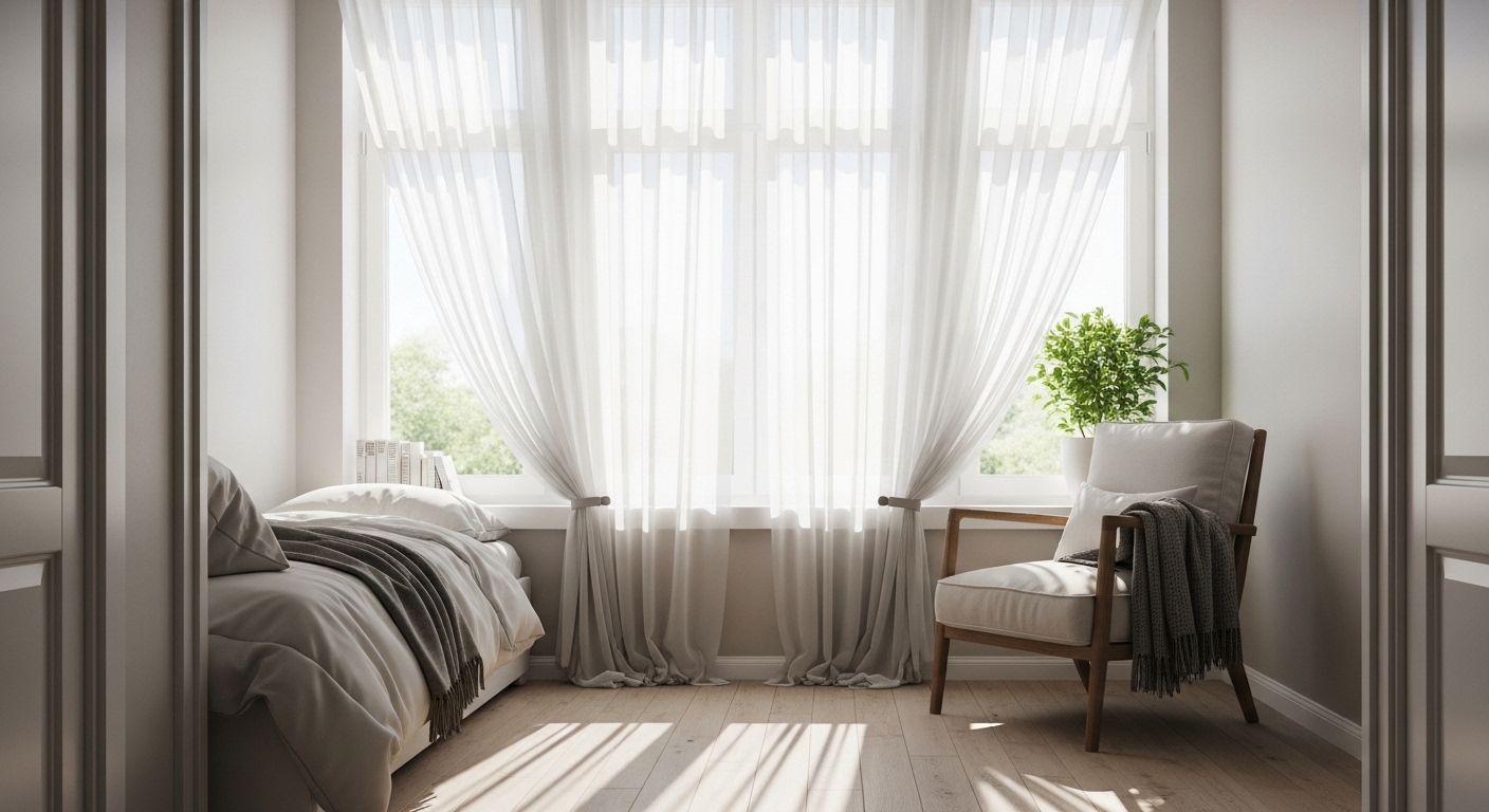 Phòng ngủ nhỏ yên bình với ánh sáng tự nhiên dịu nhẹ, rèm trắng mỏng, ghế bành và cây xanh. Hình ảnh này là gợi ý tuyệt vời cho cách trang trí phòng ngủ nhỏ thêm thoáng đãng và thư thái.