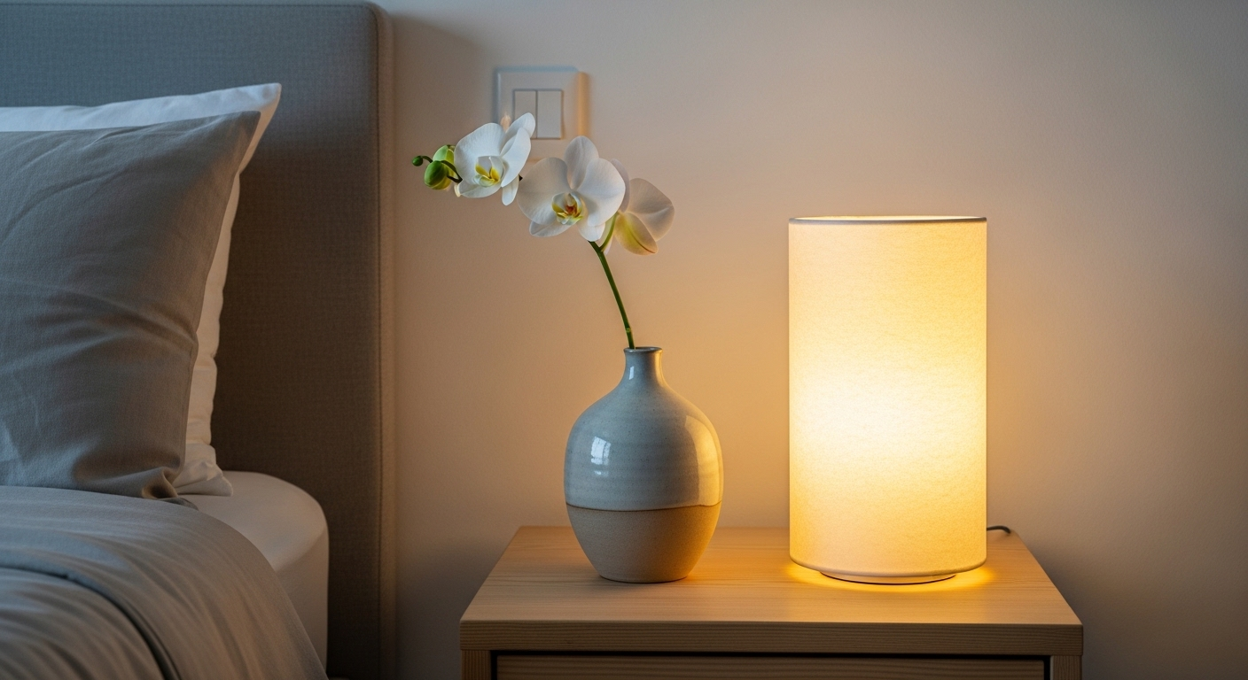 tủ đầu giường gỗ sáng, lọ gốm đơn giản cắm hoa lan trắng và đèn lồng giấy Washi tạo ánh sáng ấm áp.