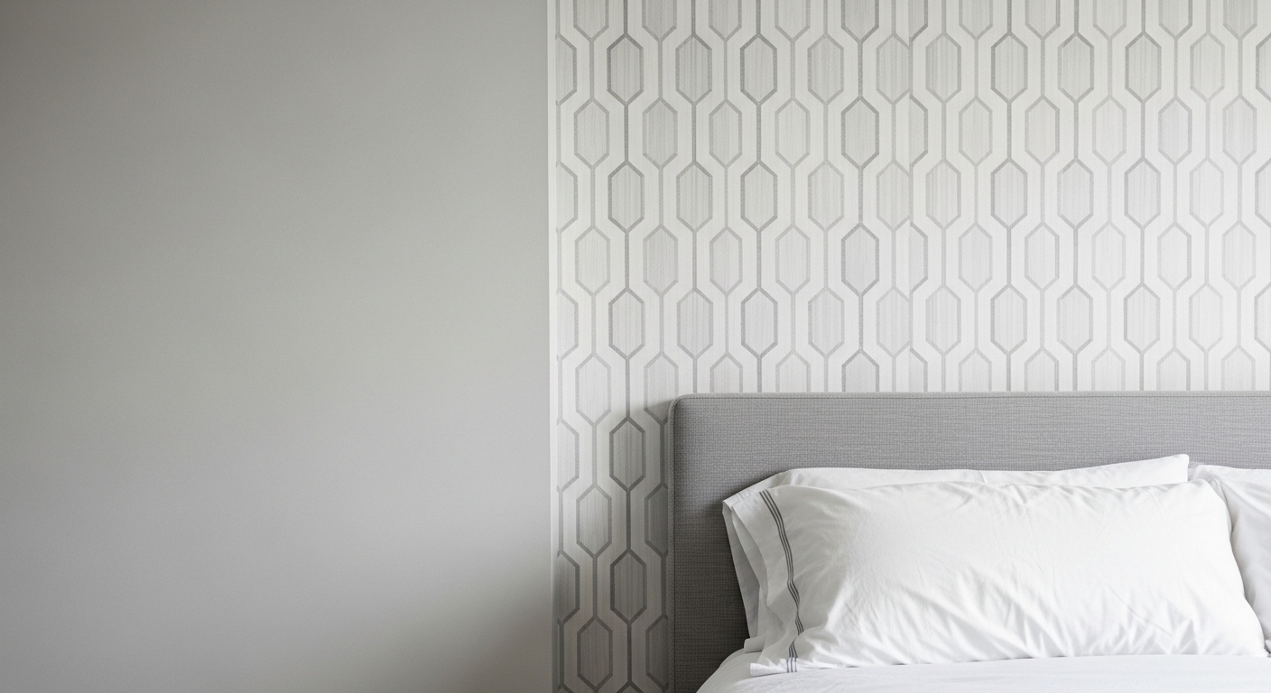 tường nhấn với giấy dán tường họa tiết hình học tông xám trắng dịu nhẹ, kết hợp đầu giường bọc vải hài hòa, mang lại không gian sang trọng.