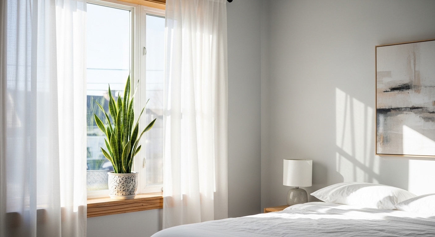 Trang trí phòng ngủ sáng sủa, thoáng đãng với cửa sổ lớn đón ánh sáng tự nhiên, rèm trắng mỏng và cây lưỡi hổ trên bệ cửa sổ gỗ tạo không gian tươi mát.