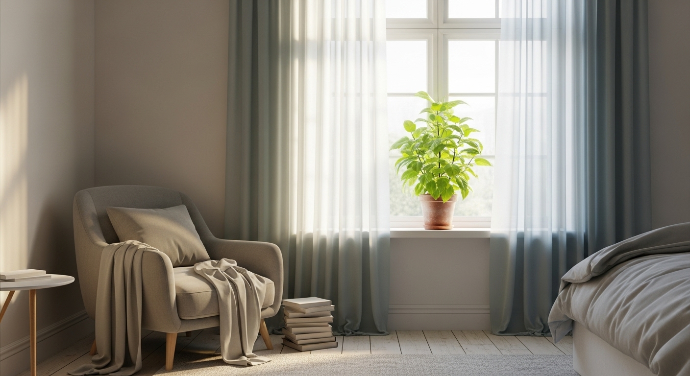 Góc phòng ngủ nhỏ thanh bình với ánh sáng ban mai dịu nhẹ, rèm cửa voan xanh nhạt và cây xanh trên bệ cửa sổ. Đây là ý tưởng tuyệt vời cho cách trang trí phòng ngủ nhỏ thêm thoáng đãng và gần gũi thiên nhiên.