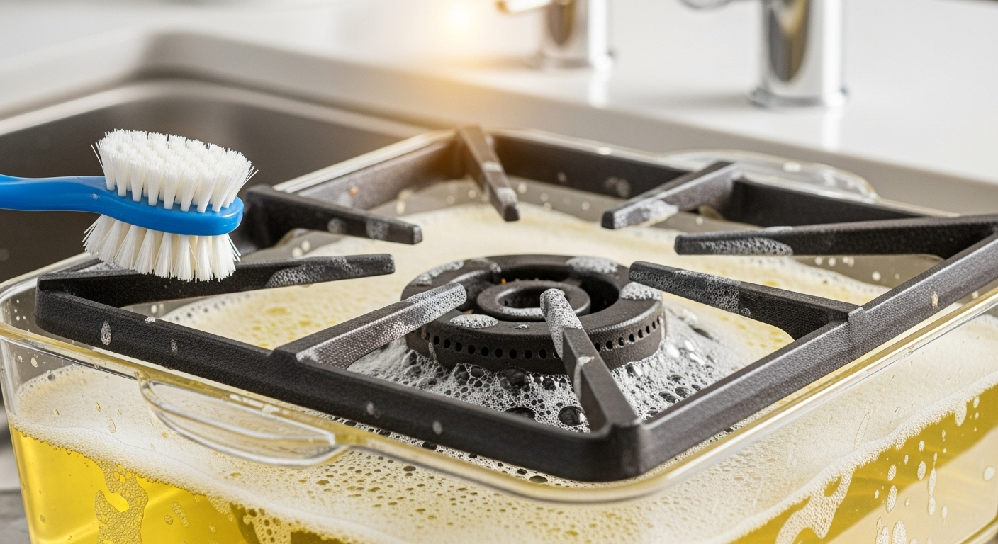 Kiềng bếp ga đen đang ngâm trong nước xà phòng ấm sủi bọt trong chậu, cạnh bàn chải cọ rửa. Minh họa cách vệ sinh bếp ga hiệu quả.