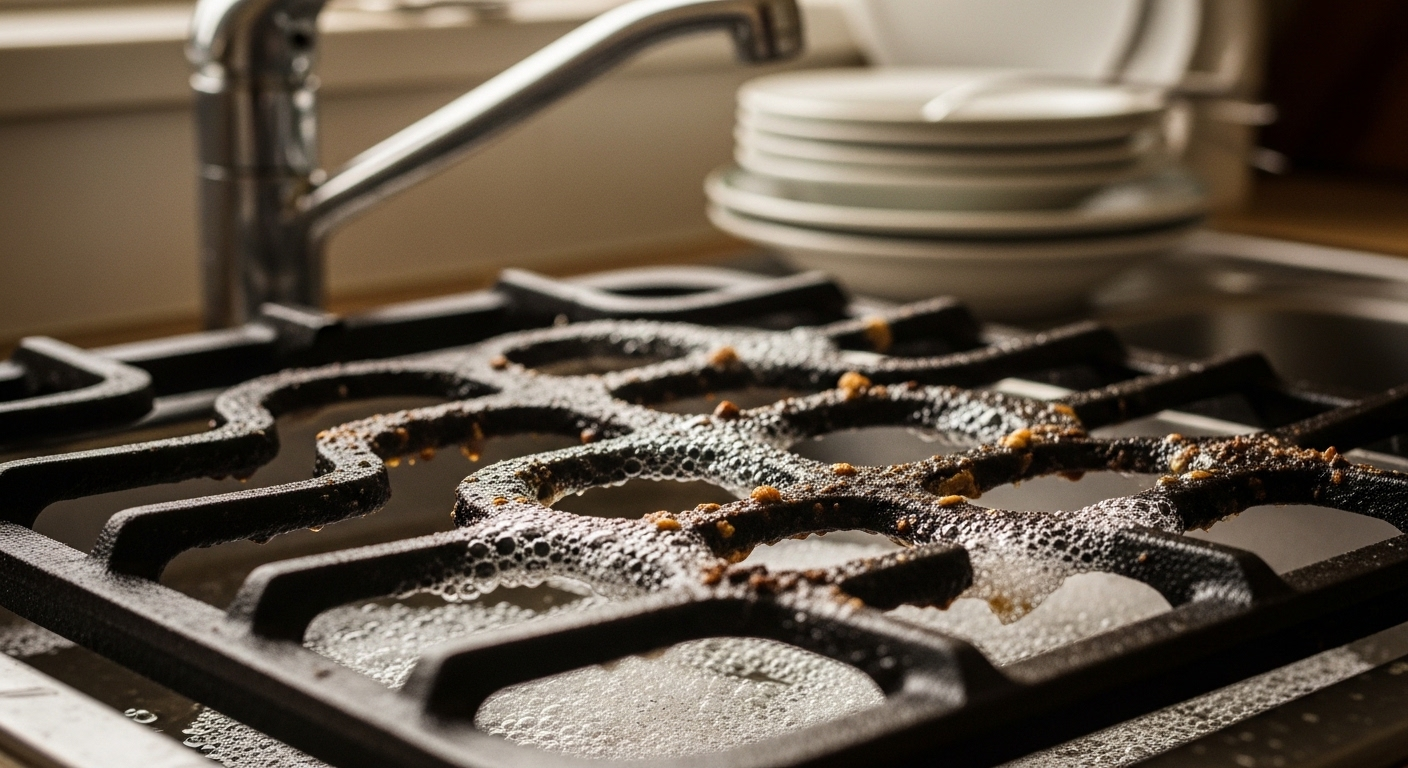 Cận cảnh kiềng bếp ga bám cặn thức ăn đang ngâm trong nước xà phòng ấm, bước đầu để vệ sinh bếp ga tại nhà.