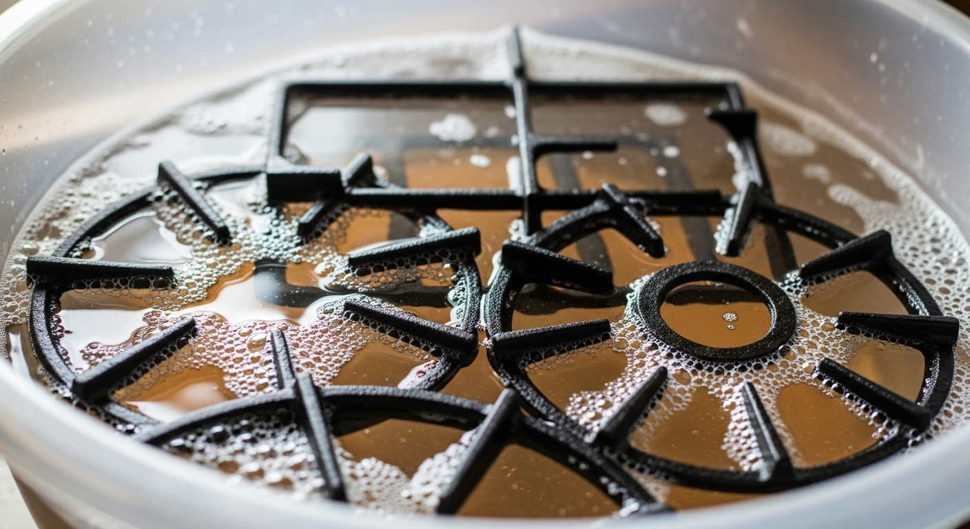 Kiềng bếp gas gang tháo rời đang ngâm trong chậu nước xà phòng ấm, sủi bọt.