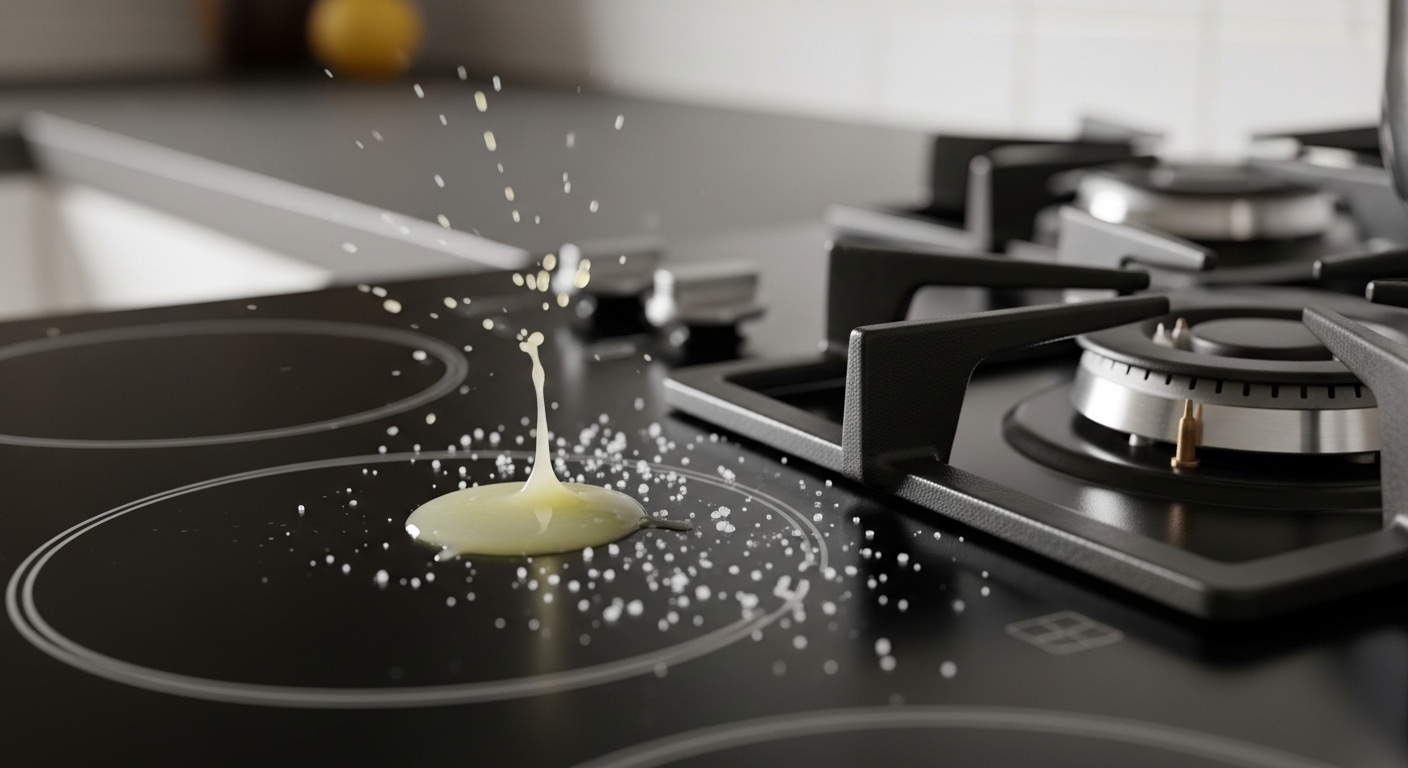 Nước cốt chanh và muối rắc trên mặt bếp gas tối màu, gần kiềng kim loại, minh họa mẹo tẩy vết rỉ sét trên bếp gas tự nhiên.