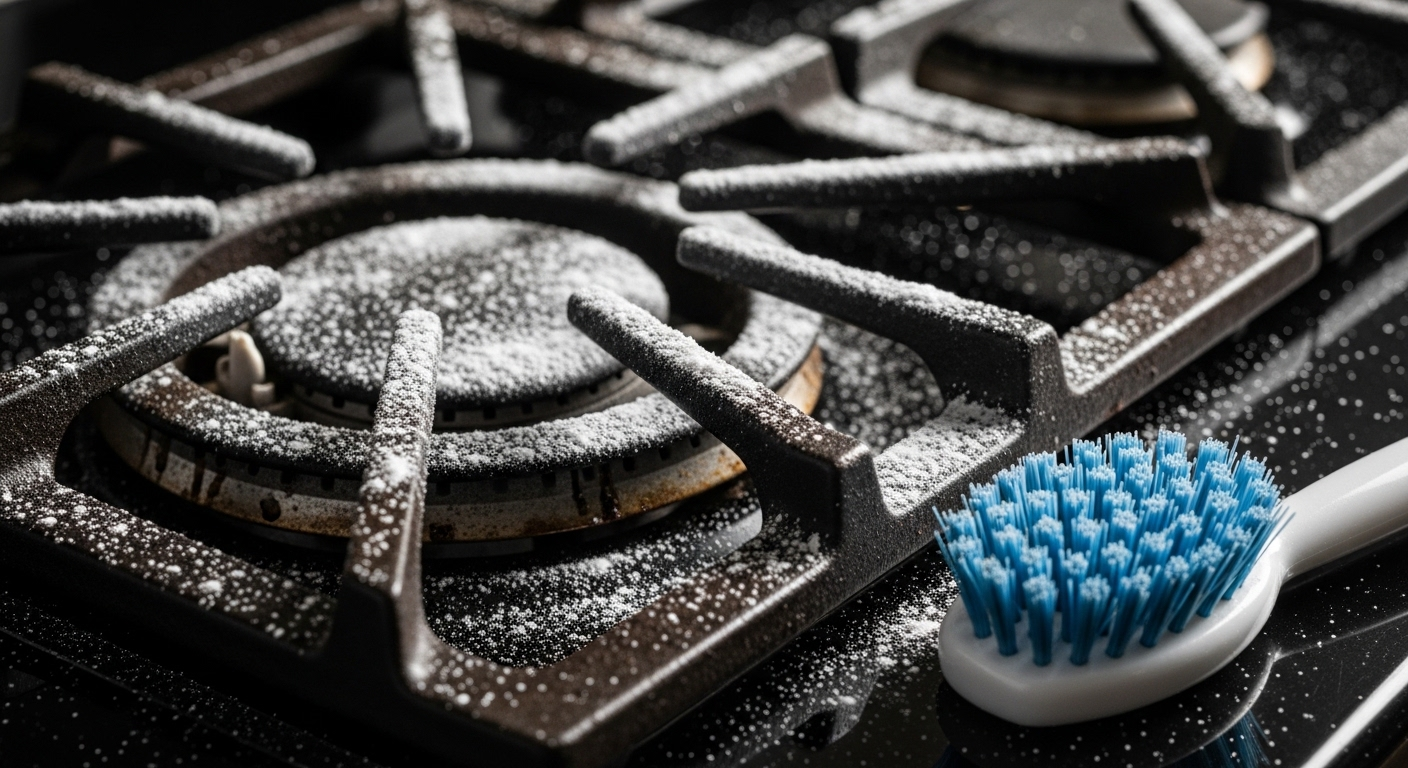 Bột baking soda rắc trên kiềng bếp ga bám bẩn với bàn chải sẵn sàng, là một cách làm sạch bếp ga hiệu quả và đơn giản.