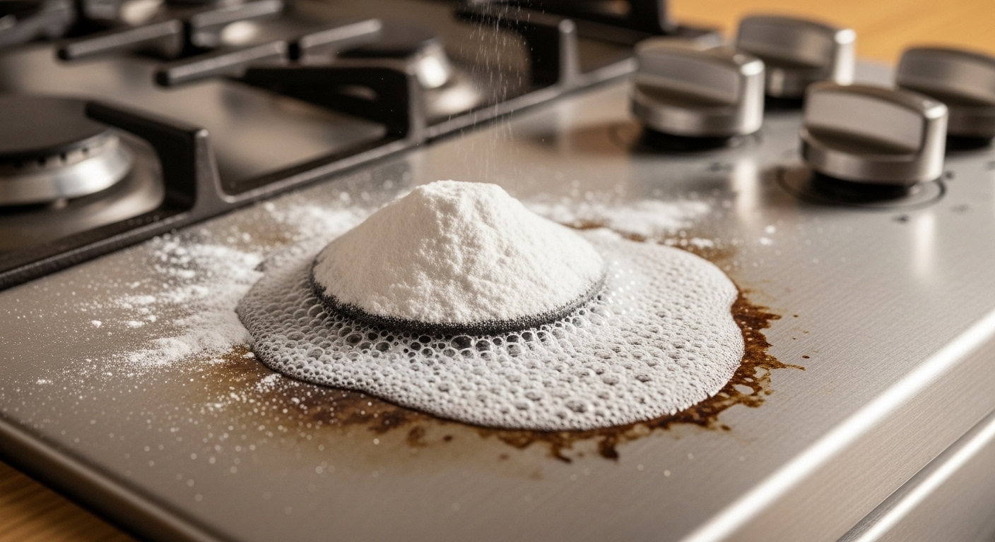 Cận cảnh bột baking soda và giấm trắng tạo bọt trên vết bẩn khô cứng trên bề mặt bếp gas, minh họa cách vệ sinh bếp gas hiệu quả bằng nguyên liệu tự nhiên.