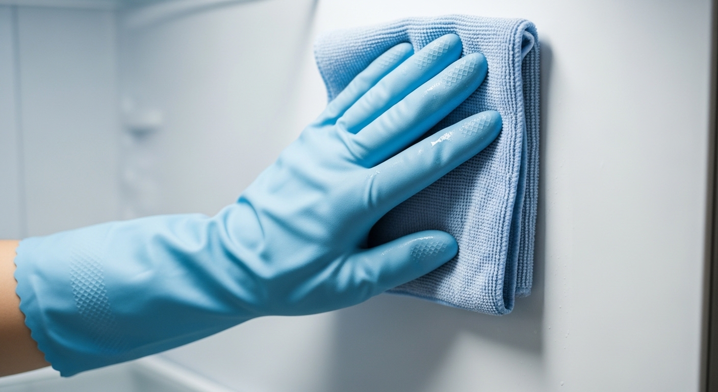 Một bàn tay đeo găng xanh nhẹ nhàng dùng khăn microfiber ẩm để vệ sinh tủ lạnh bằng cách lau sạch thành tủ lạnh trắng tinh bên trong.