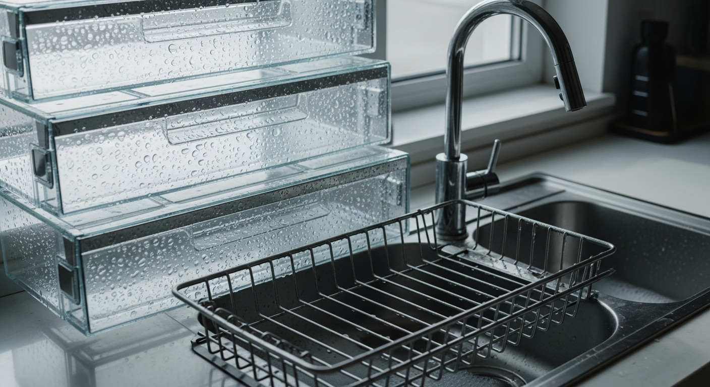 Kệ và ngăn kéo tủ lạnh bằng kính trong suốt, còn đọng giọt nước, đang phơi khô trên giá chén cạnh bồn rửa, minh họa cách làm sạch tủ lạnh hiệu quả.