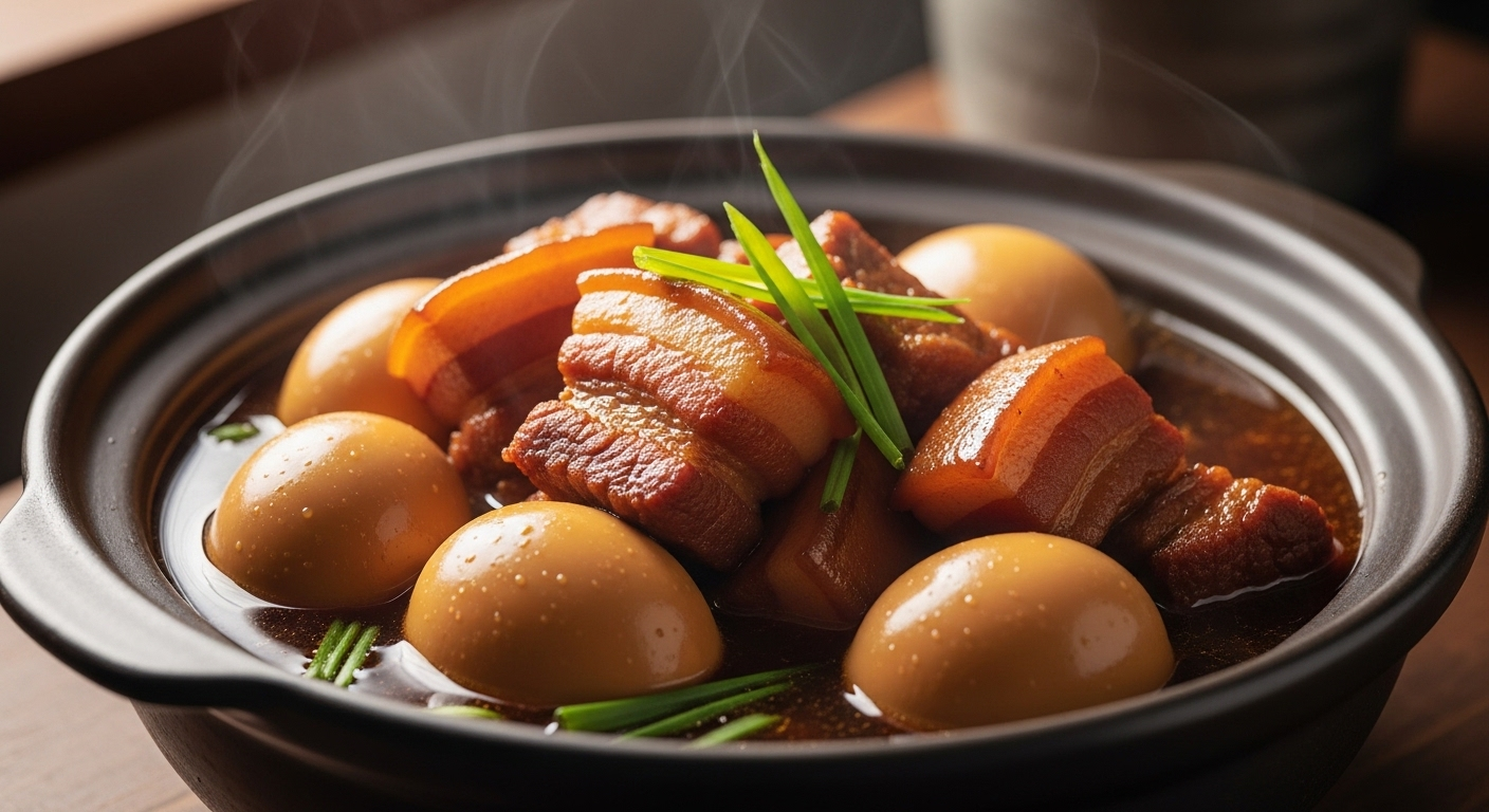 Bát Thịt Kho Tàu truyền thống, món ăn ngày Tết đặc trưng, với thịt ba chỉ và trứng vịt kho trong nước sốt caramel đậm đà, điểm xuyết hành lá xanh.