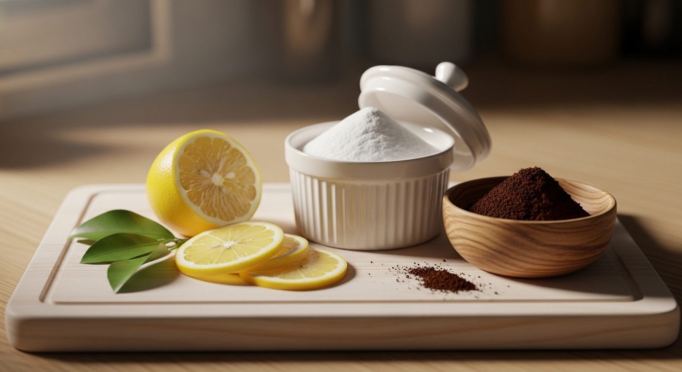 Chanh tươi, baking soda và bã cà phê trên thớt gỗ – những giải pháp tự nhiên giúp vệ sinh tủ lạnh và khử mùi hiệu quả.