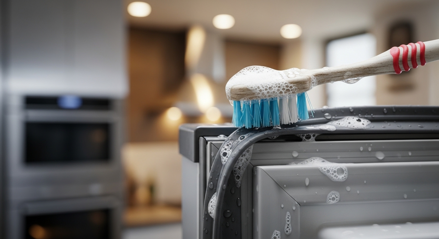 Cận cảnh bàn chải nhỏ đang vệ sinh tỉ mỉ gioăng cao su tủ lạnh, minh họa vệ sinh tủ lạnh đúng cách để loại bỏ bụi bẩn và nấm mốc.