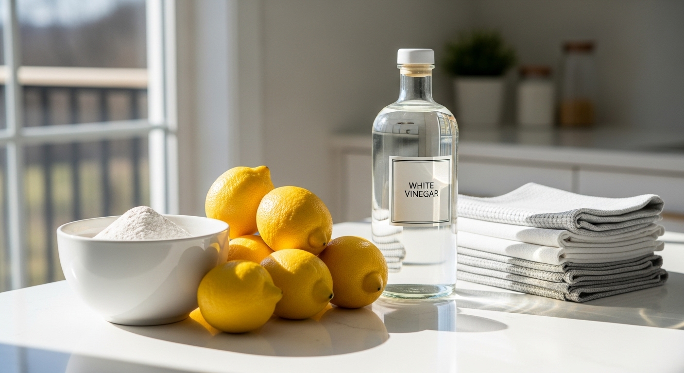 Nguyên liệu vệ sinh tự nhiên gồm baking soda, chanh, giấm và khăn sạch được sắp xếp gọn gàng trên bàn bếp, minh họa cách vệ sinh tủ lạnh hiệu quả.