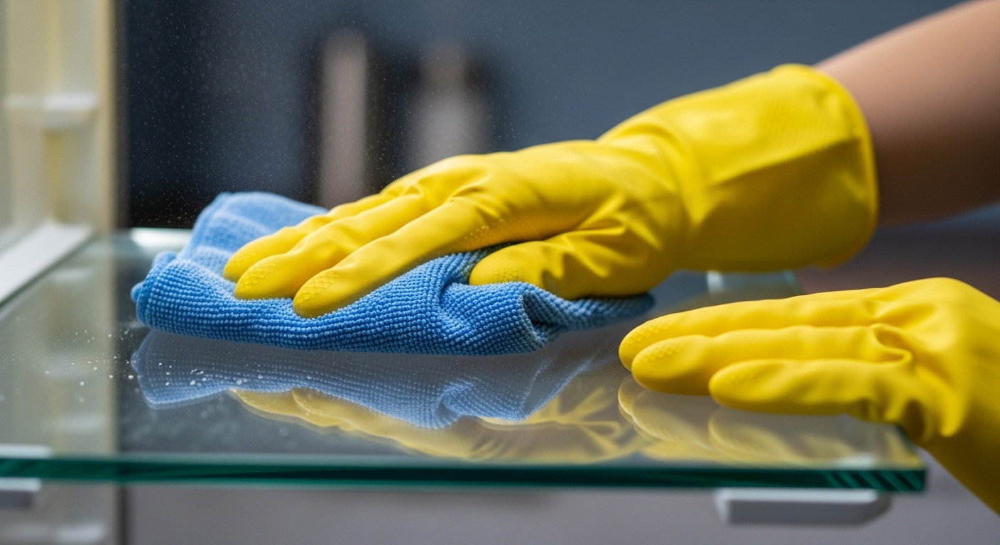 Tay đeo găng vàng cẩn thận lau sạch kệ kính tủ lạnh bằng khăn microfiber và dung dịch, minh họa cách vệ sinh tủ lạnh hiệu quả.