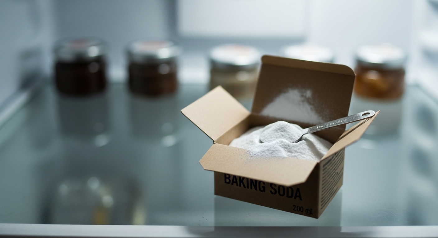 Hộp baking soda mở đặt trên kệ kính tủ lạnh, một cách khử mùi hôi tủ lạnh hiệu quả và đơn giản.