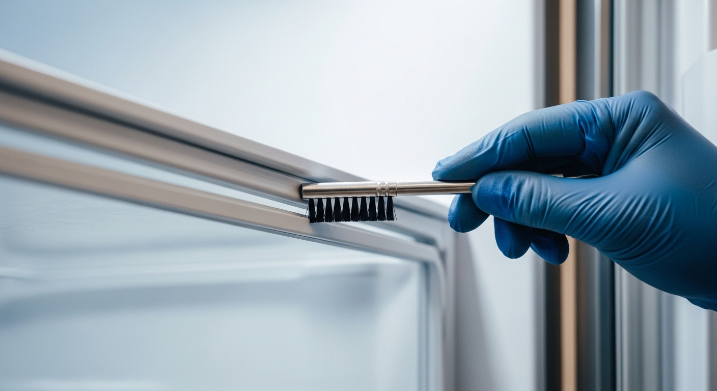 Cận cảnh tay đeo găng dùng bàn chải nhỏ vệ sinh gioăng cao su tủ lạnh, minh họa cách vệ sinh tủ lạnh kỹ lưỡng và sạch sẽ.