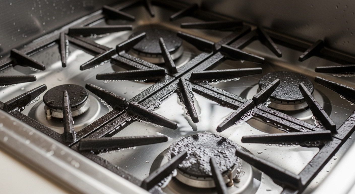 Kiềng và mâm chia lửa bếp ga gang đang ngâm trong nước xà phòng ấm trong bồn rửa inox sạch, minh họa cách vệ sinh bếp ga hiệu quả.