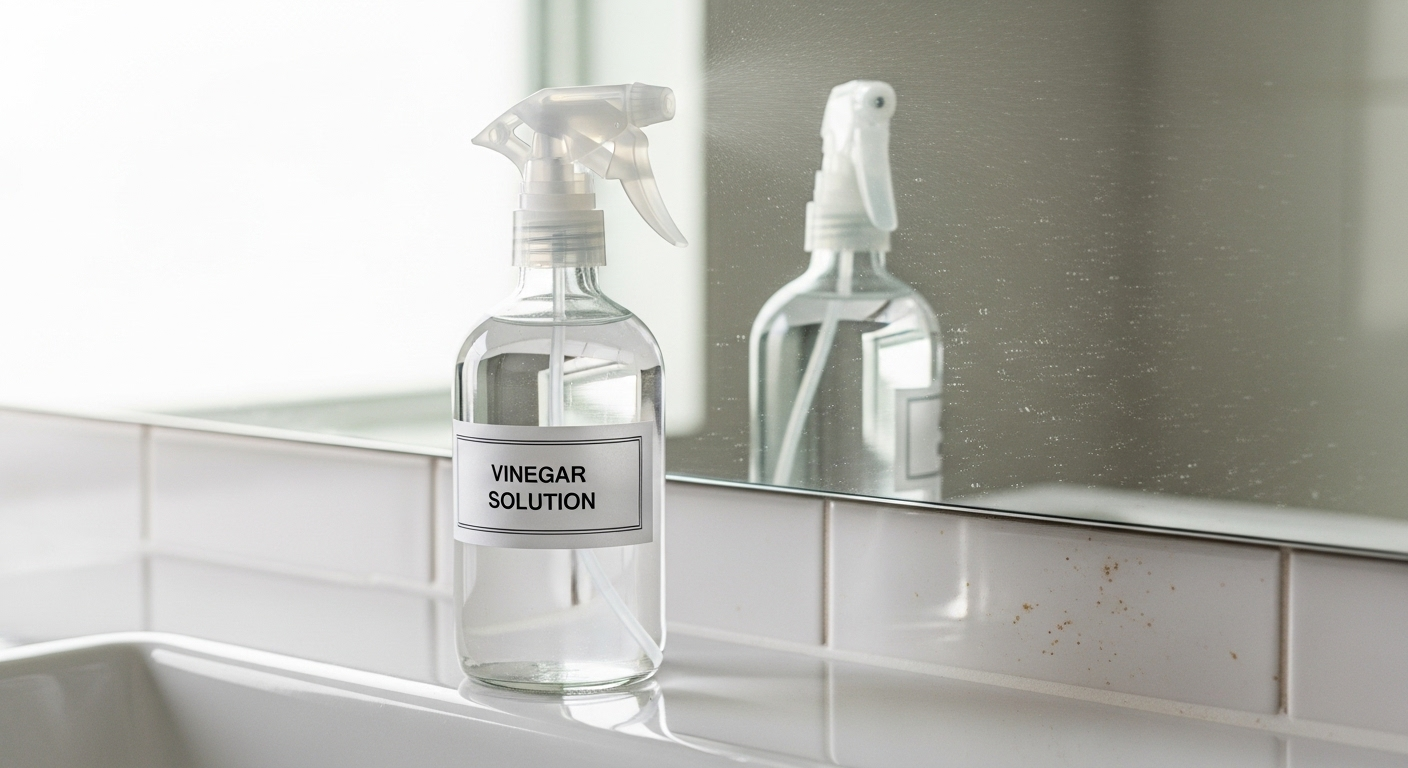 Chai xịt dung dịch giấm trên bồn rửa, gương nhà tắm phía sau có vùng sạch và vùng bẩn, minh họa cách làm sạch gương nhà tắm hiệu quả. Chai xịt dung dịch giấm trên bồn rửa, gương nhà tắm phía sau có vùng sạch và vùng bẩn, minh họa cách làm sạch gương nhà tắm hiệu quả.