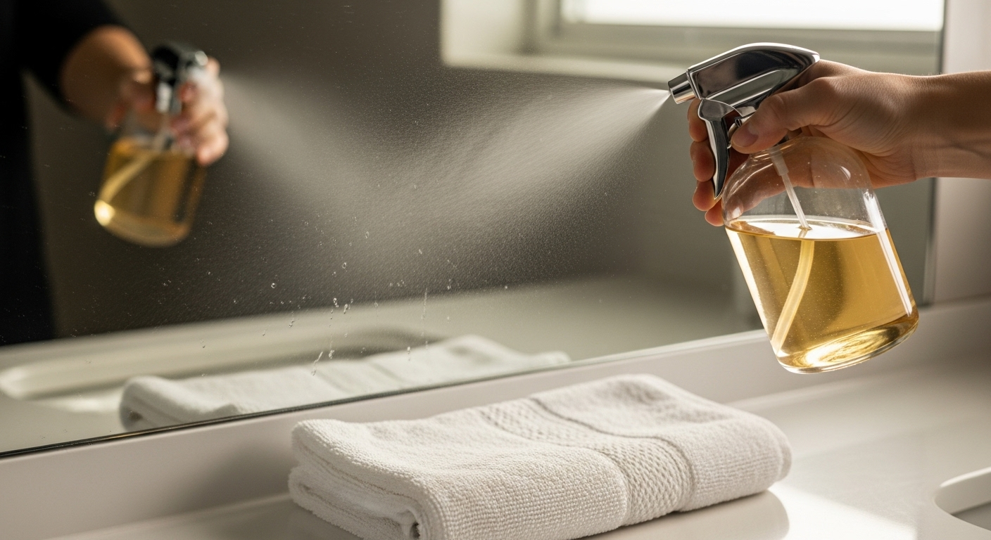 Chai xịt dung dịch dấm trắng phun sương lên gương nhà tắm có vết ố, cho thấy cách vệ sinh gương nhà tắm sạch bóng cùng khăn microfiber.