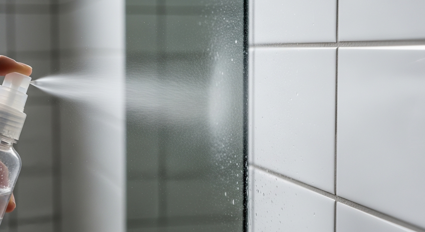 Chai xịt đang phun sương lên gương nhà tắm có vết nước mờ, minh họa cách làm sạch gương nhà tắm hiệu quả để loại bỏ cặn bẩn. Chai xịt đang phun sương lên gương nhà tắm có vết nước mờ, minh họa cách làm sạch gương nhà tắm hiệu quả để loại bỏ cặn bẩn.