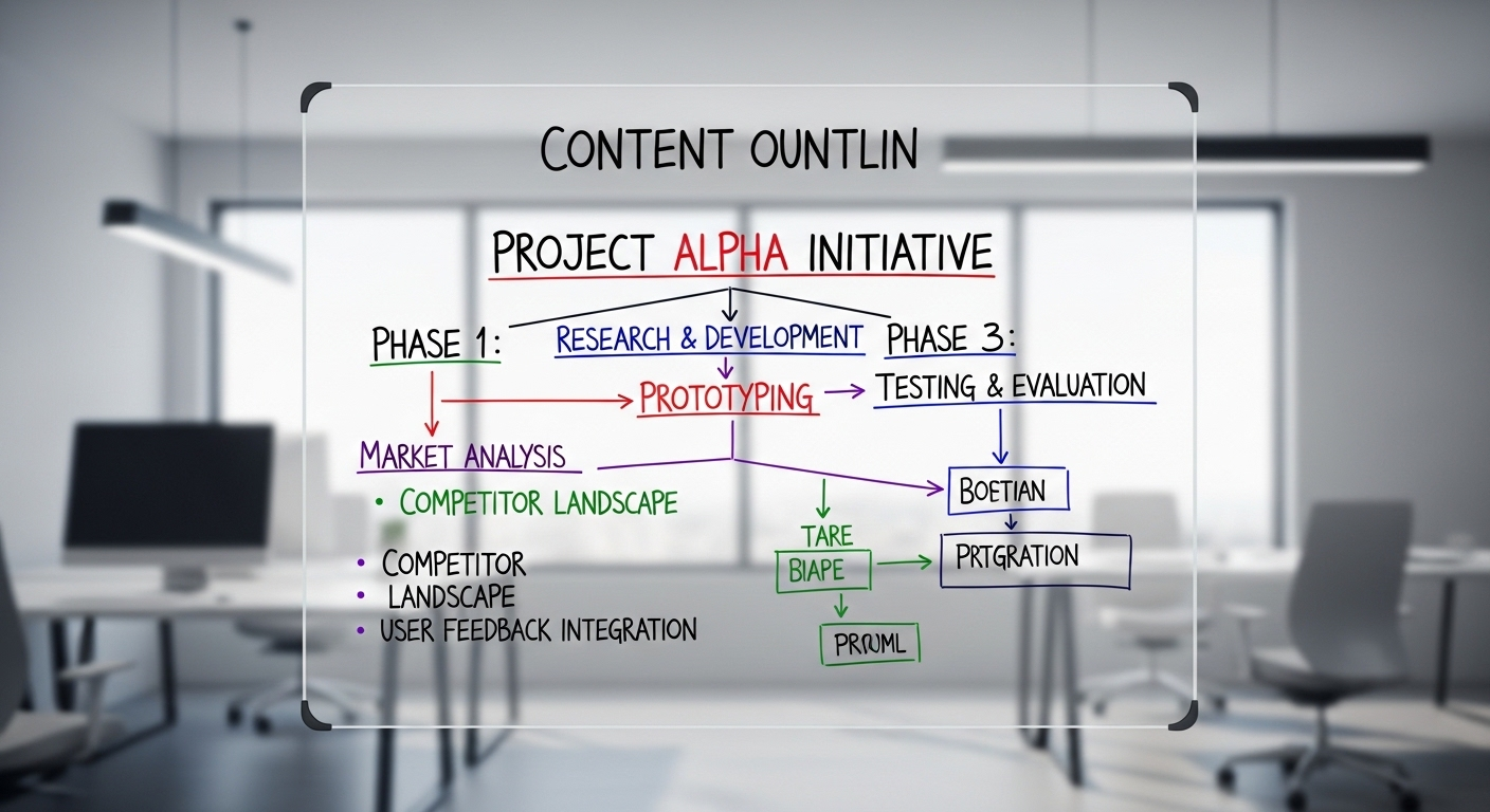 Dàn ý nội dung chi tiết được vẽ bằng bút dạ nhiều màu trên bảng kính, thể hiện cấu trúc phân cấp rõ ràng cho một bài viết trống.