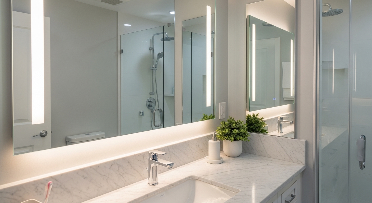 Gương nhà tắm sạch bóng, không tì vết, phản chiếu sắc nét nội thất hiện đại, minh chứng cho cách làm sạch gương nhà tắm hiệu quả.