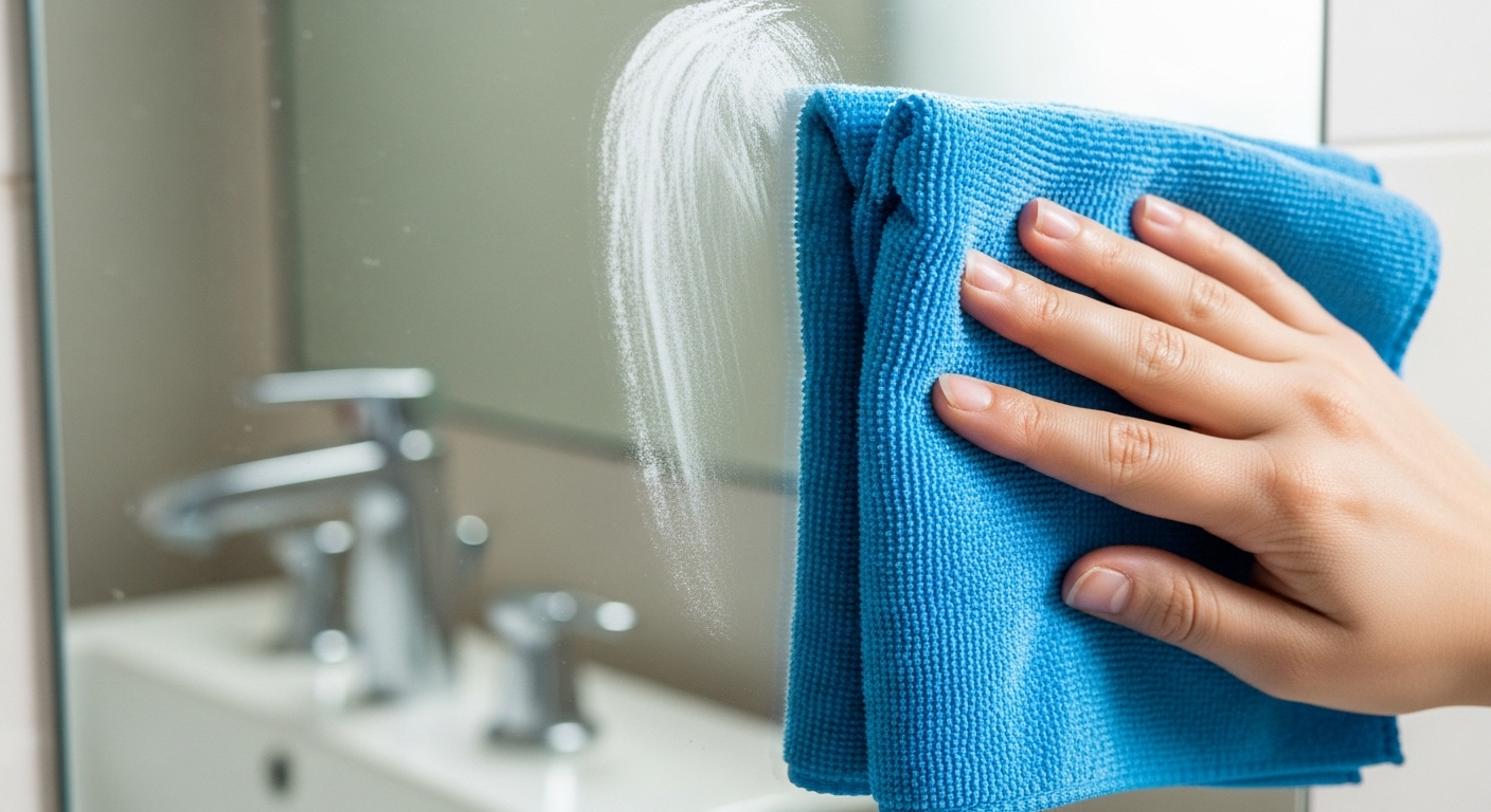 Cận cảnh khăn microfiber màu xanh đang lau sạch gương nhà tắm, tạo bề mặt trong veo không vệt ố. Đây là cách vệ sinh gương nhà tắm bị ố hiệu quả để có gương sáng bóng.