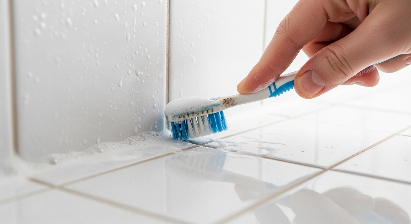 dùng bàn chải cũ và kem tẩy chà sạch ron gạch nhà tắm trắng tinh.