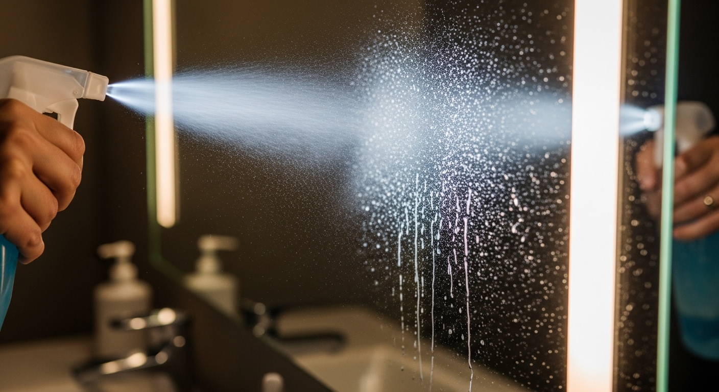 Chai xịt đang phun sương dung dịch làm ướt bề mặt gương phòng tắm, minh họa cách làm sạch gương phòng tắm hiệu quả.