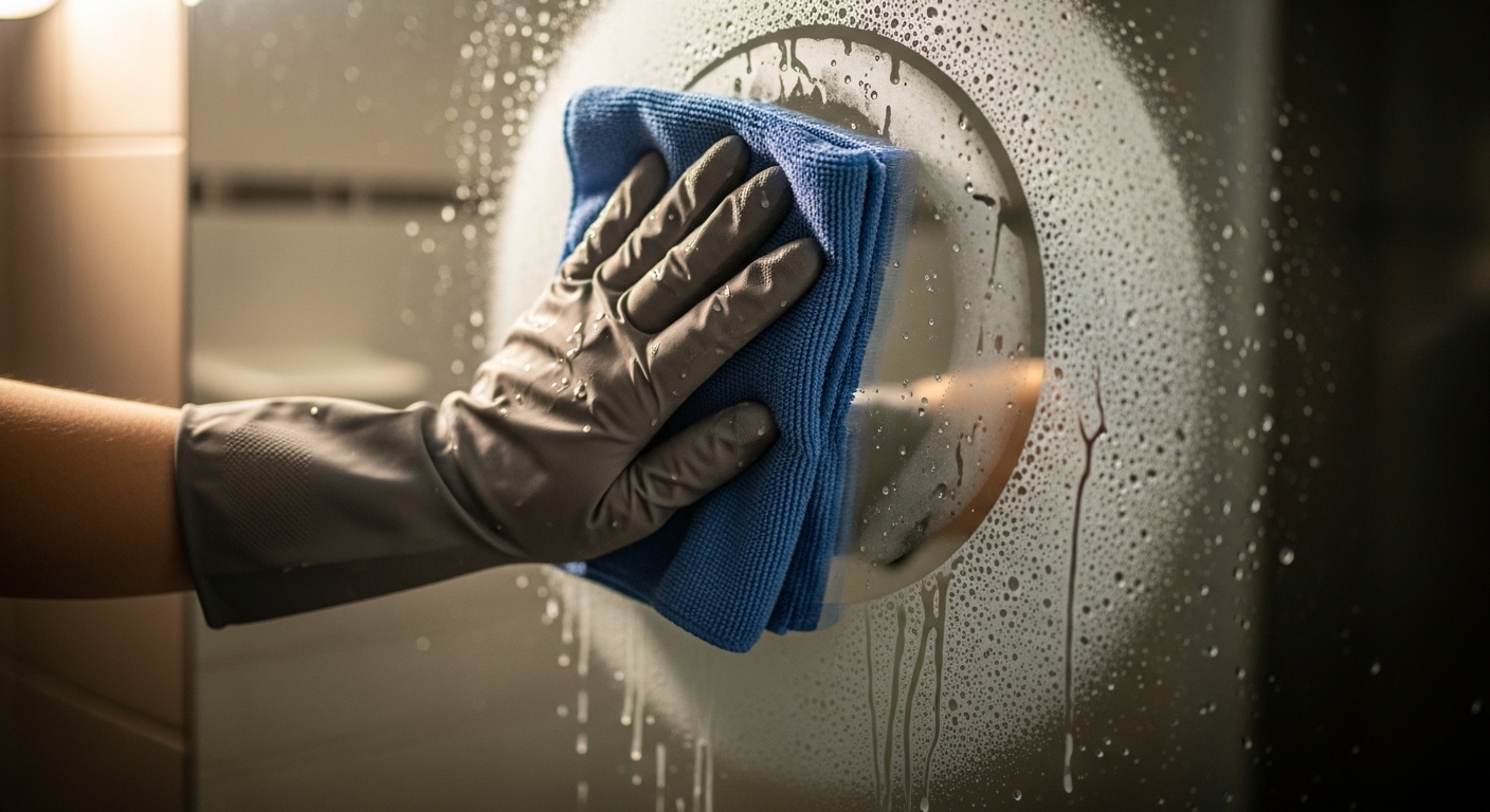 Cận cảnh tay đeo găng đang lau chùi gương nhà tắm bị ố mờ bằng khăn microfiber ẩm màu xanh, minh họa cách làm sạch gương nhà tắm bị ố mờ hiệu quả, với các vệt nước và dung dịch tẩy rửa còn lại trên bề mặt.