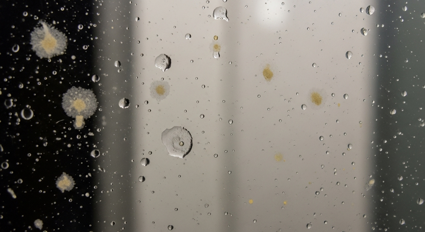 Cận cảnh gương nhà tắm bị ố vàng với vết nước cứng và cặn khoáng mờ. Đây là vấn đề phổ biến cần tìm cách làm sạch gương nhà tắm bị ố vàng hiệu quả.