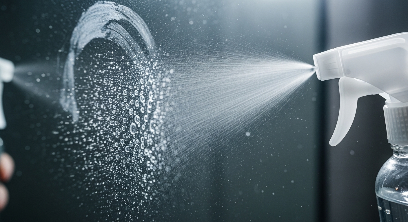 Chai xịt phun sương dung dịch làm sạch gương nhà tắm bám bẩn, tạo giọt nước li ti trên bề mặt.