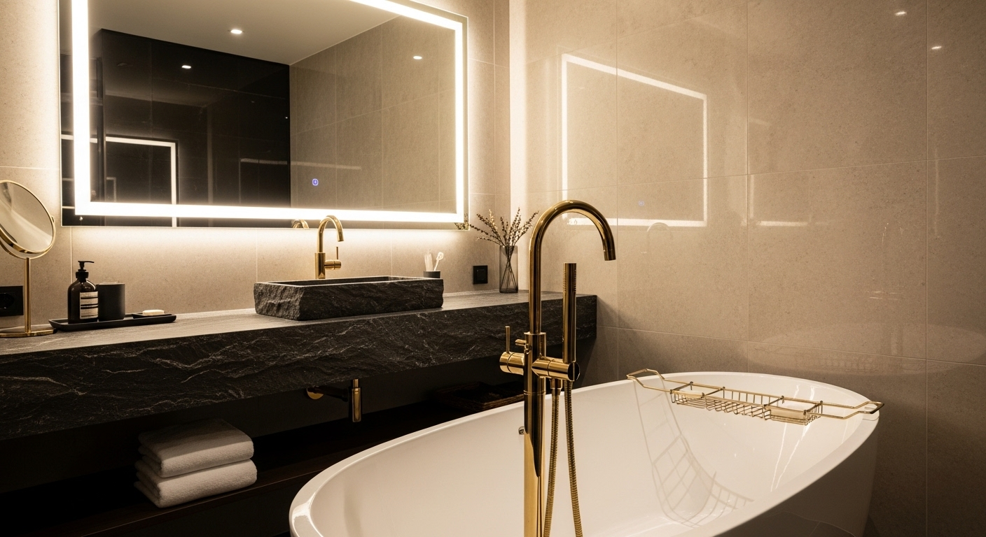 Phòng tắm sang trọng với bồn tắm độc lập, vòi mạ vàng và bàn trang điểm đá tự nhiên. Thiết kế cao cấp, tinh tế như các thiết bị nhà bếp hiện đại. Phòng tắm sang trọng với bồn tắm độc lập, vòi mạ vàng và bàn trang điểm đá tự nhiên. Thiết kế cao cấp, tinh tế như các thiết bị nhà bếp hiện đại.