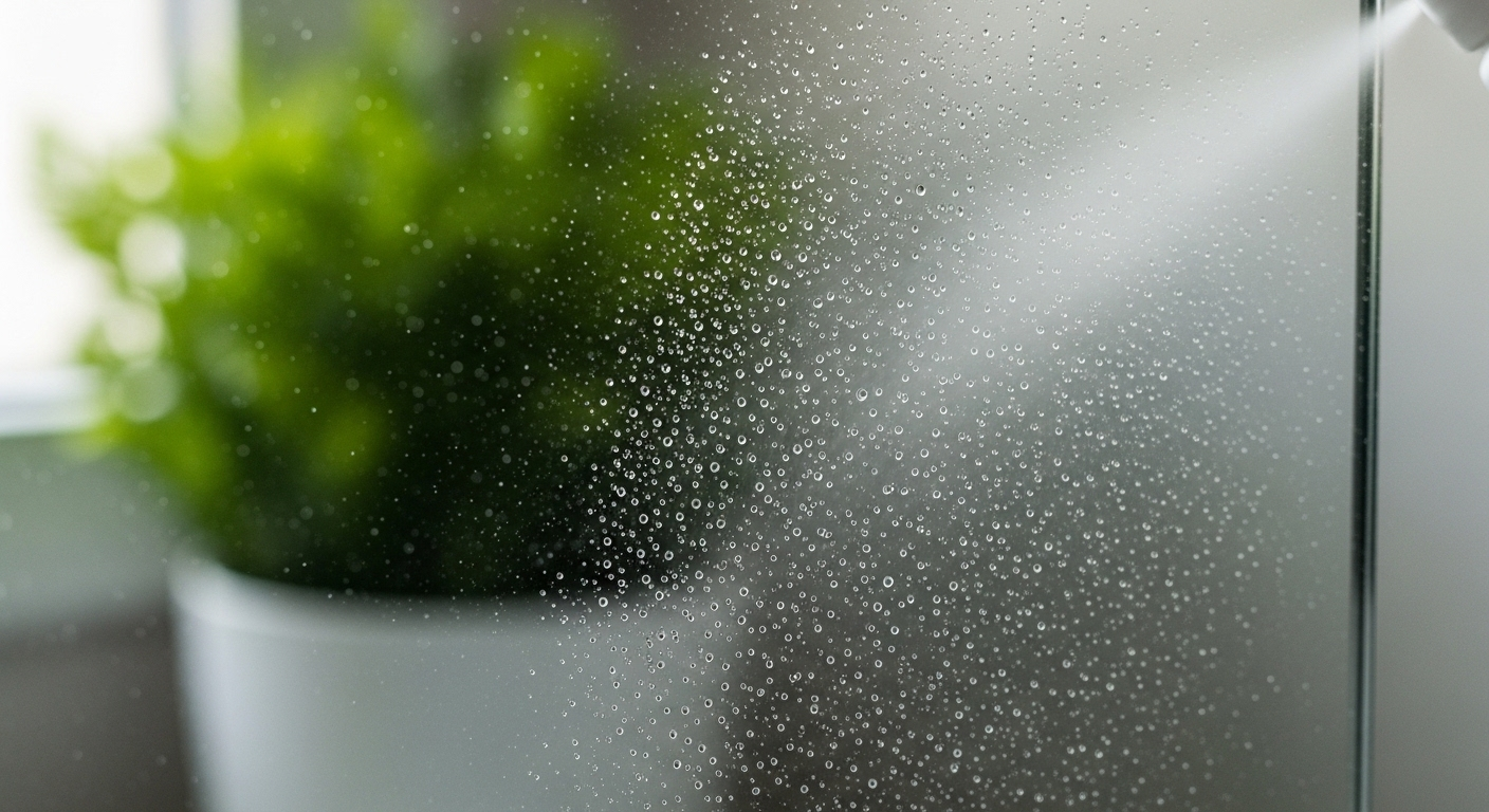 Dung dịch tẩy rửa đang được xịt đều lên gương phòng tắm, tạo những giọt nước nhỏ li ti. Hình ảnh minh họa cách làm sạch gương phòng tắm sáng bóng hiệu quả.