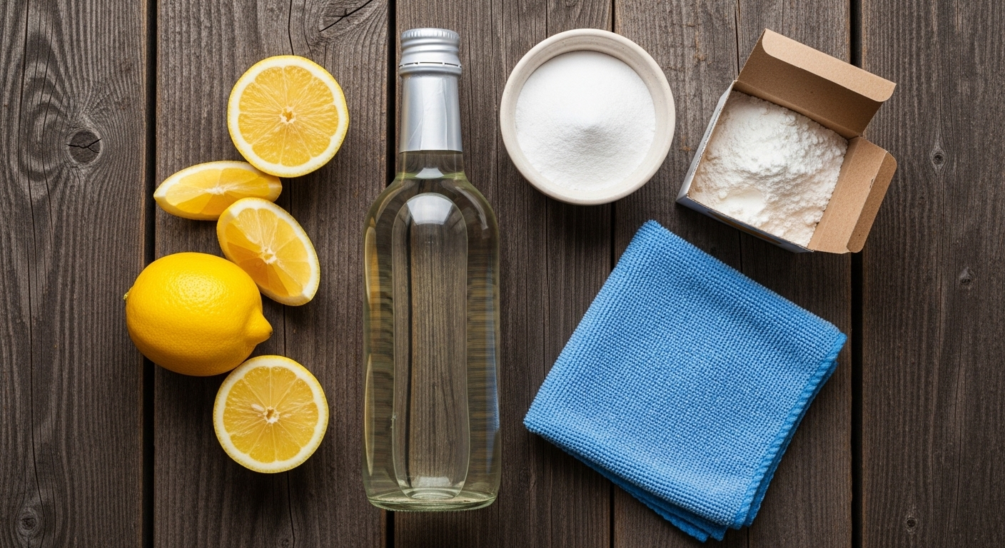 giấm, chanh, baking soda, tinh bột ngô và khăn microfiber trên nền gỗ mộc.
