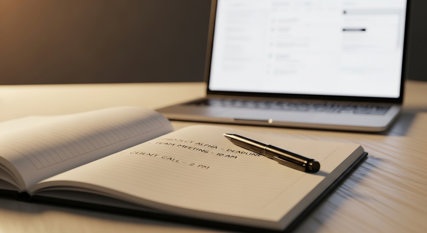 Sổ kế hoạch giấy mở ghi chú công việc, bút và laptop hiển thị lịch số trên bàn làm việc tối giản, minh họa quản lý lịch trình hiệu quả giúp làm việc tại nhà hiệu quả.