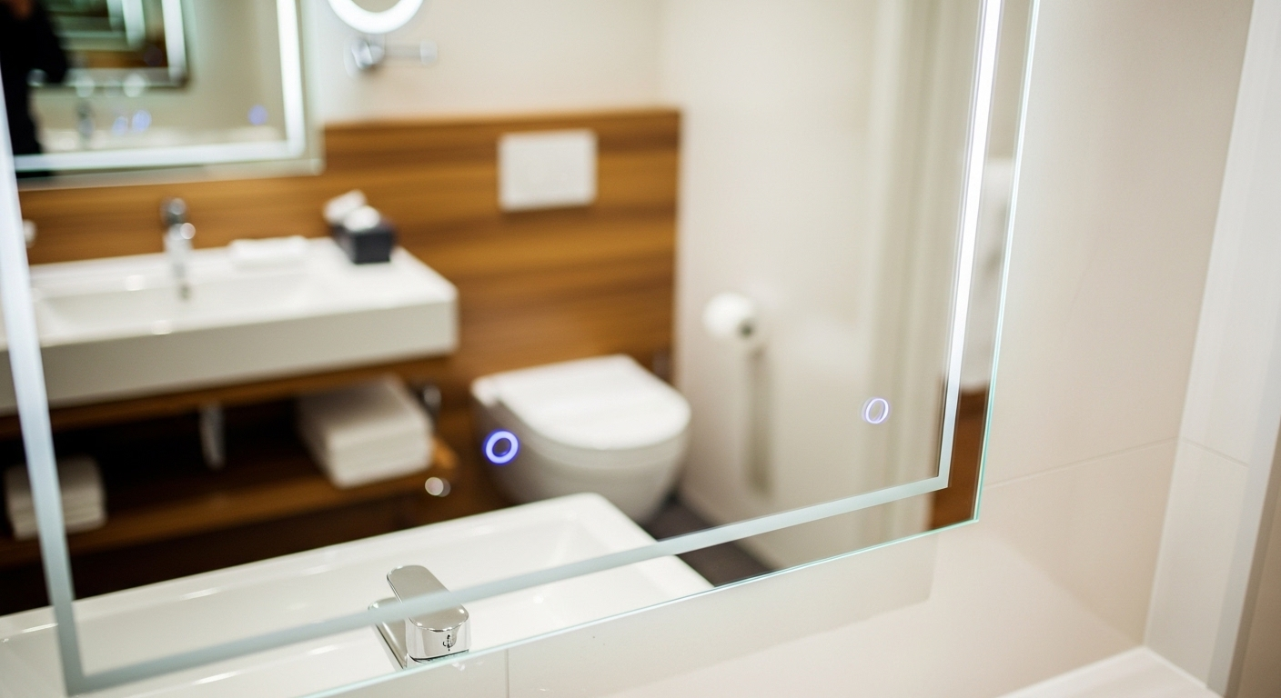 Gương nhà tắm sạch bóng, phản chiếu rõ nét nội thất hiện đại, minh chứng cho cách làm sạch gương nhà tắm hiệu quả. Gương nhà tắm sạch bóng, phản chiếu rõ nét nội thất hiện đại, minh chứng cho cách làm sạch gương nhà tắm hiệu quả.