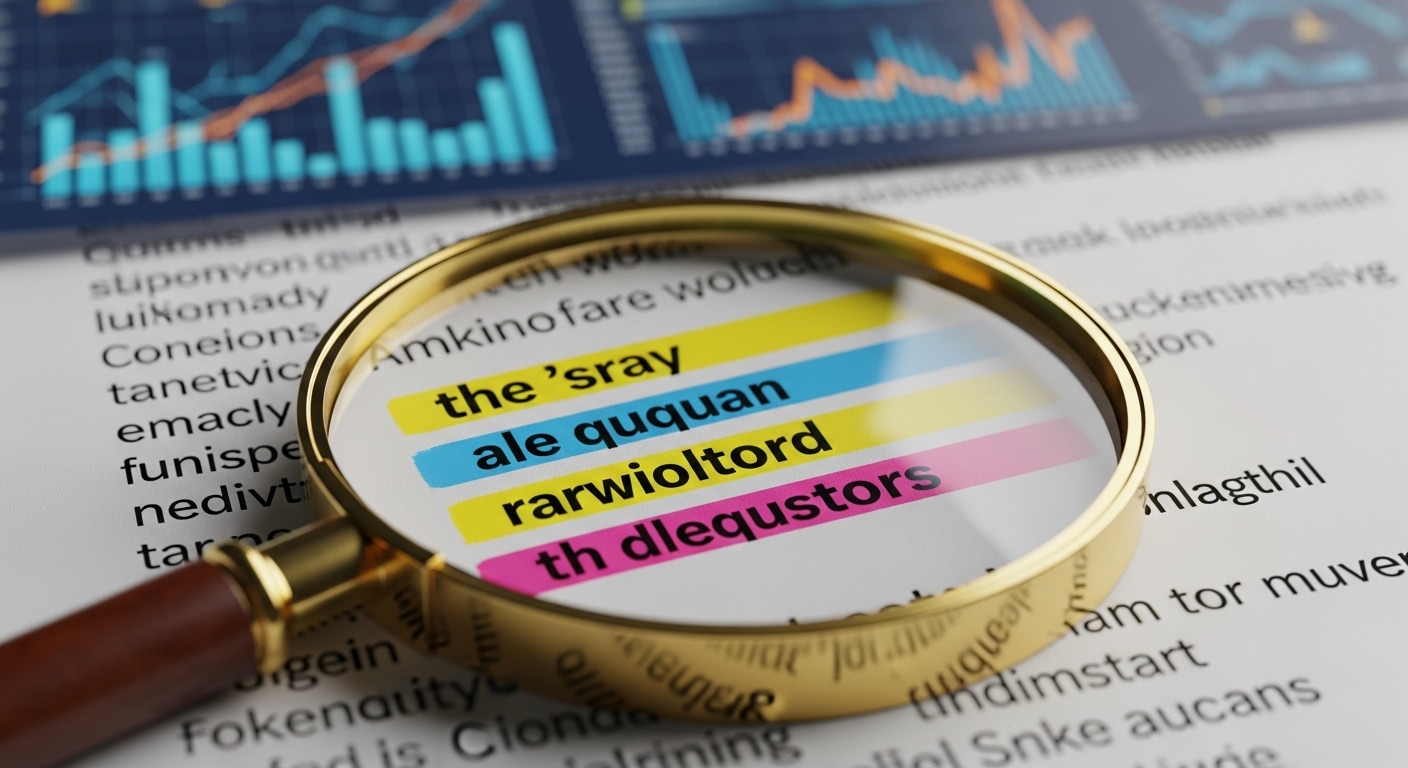 Cận cảnh tài liệu được tô sáng với kính lúp và biểu đồ dữ liệu. Hình ảnh minh họa phân tích văn bản để tìm cụm từ khóa. Tuy nhiên, để xác định từ khóa chính và phụ, I cannot perform the analysis as the provided article content is empty. Please provide the article content for me to identify the primary and secondary keywords.