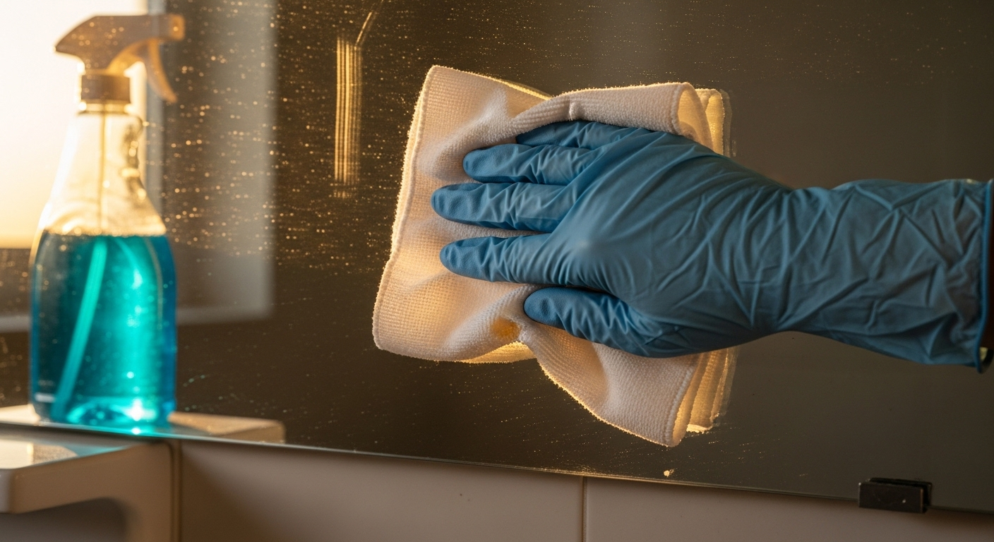 Tay đeo găng dùng khăn microfiber lau sạch vệt mờ trên gương nhà tắm. Chai xịt vệ sinh gần đó, gợi ý cách làm sạch gương nhà tắm sáng bóng.