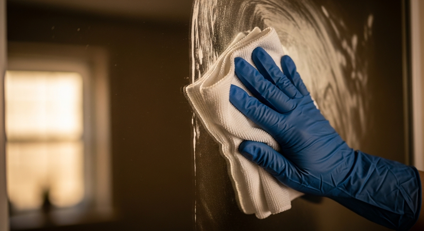 Cận cảnh tay đeo găng dùng khăn microfiber lau gương, một nửa đã sạch bóng không còn vệt mờ, thể hiện cách lau gương sạch hiệu quả.