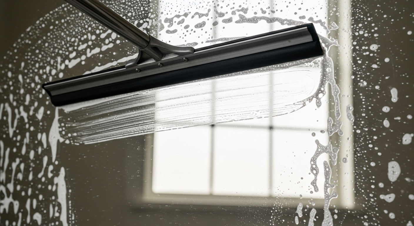 Cận cảnh cây gạt nước đang gạt trên mặt gương ướt, để lộ bề mặt sáng bóng không vệt. Minh họa cách lau gương sạch. Cận cảnh cây gạt nước đang gạt trên mặt gương ướt, để lộ bề mặt sáng bóng không vệt. Minh họa cách lau gương sạch.