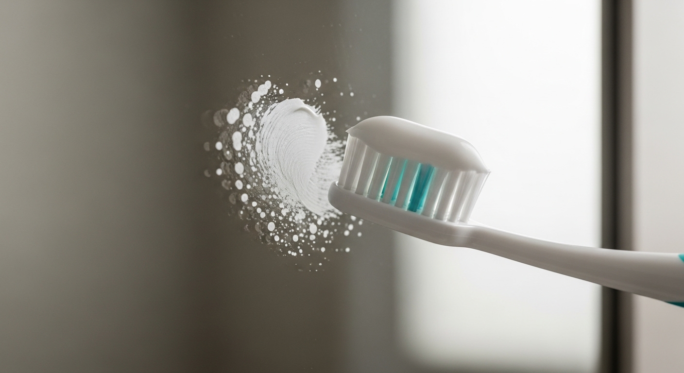 Cận cảnh kem đánh răng đang được thoa lên gương nhà tắm dính đầy vết ố nước khô bằng bàn chải lông mềm, minh họa cách làm sạch gương nhà tắm hiệu quả.