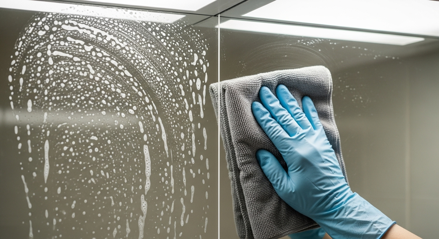 Tay đeo găng dùng khăn microfiber lau sạch một nửa gương nhà tắm đầy xà phòng, cho thấy rõ hiệu quả trong cách làm sạch gương nhà tắm.