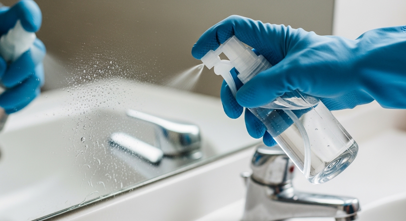 Cận cảnh tay đeo găng xanh dùng bình xịt dung dịch lên gương nhà tắm bị ố bẩn, minh họa cách làm sạch gương nhà tắm hiệu quả và nhanh chóng. Cận cảnh tay đeo găng xanh dùng bình xịt dung dịch lên gương nhà tắm bị ố bẩn, minh họa cách làm sạch gương nhà tắm hiệu quả và nhanh chóng.