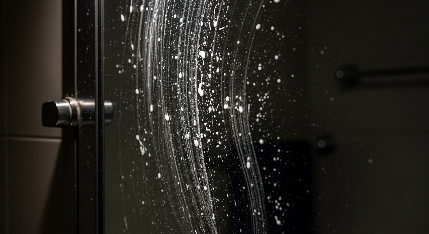 Cận cảnh gương nhà tắm bám đầy cặn xà phòng và vết kem đánh răng khô, minh họa rõ nét nhu cầu tìm cách làm sạch gương trong nhà tắm hiệu quả.